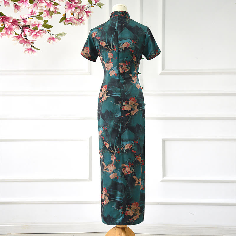 Mythstone Vintage Pink Flowers Print Cheongsam Dress Women's Qipao Dress