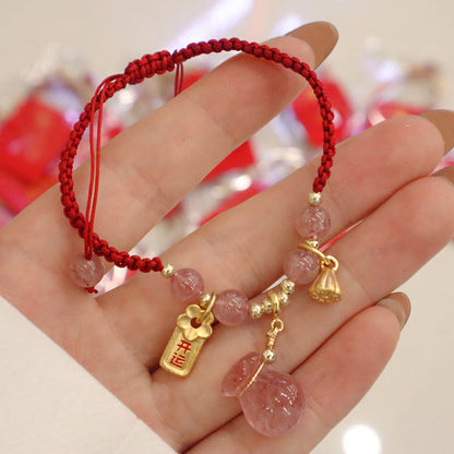 Mythstone Natural Strawberry Quartz Money Bag Lotus Healing Charm Red String Braided Bracelet