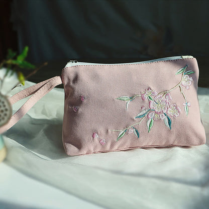 Mythstone Small Flower Plum Cherry Crane Peach Blossom Embroidery Canvas Wallet Shopping Purse