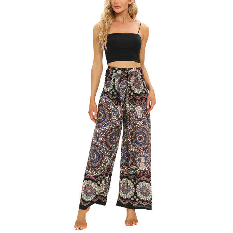 Mythstone Boho Mandala Print Lace-up Wide Leg Pants Women's Yoga Pants