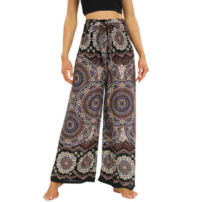 Mythstone Boho Mandala Print Lace-up Wide Leg Pants Women's Yoga Pants