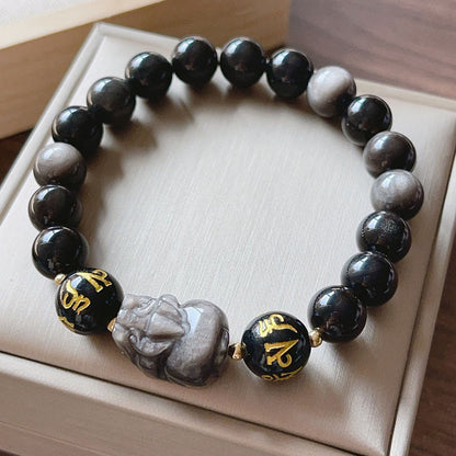 Mythstone Natural Silver Sheen Obsidian Black Obsidian Om Mani Padme Hum Pixiu Protection Bracelet