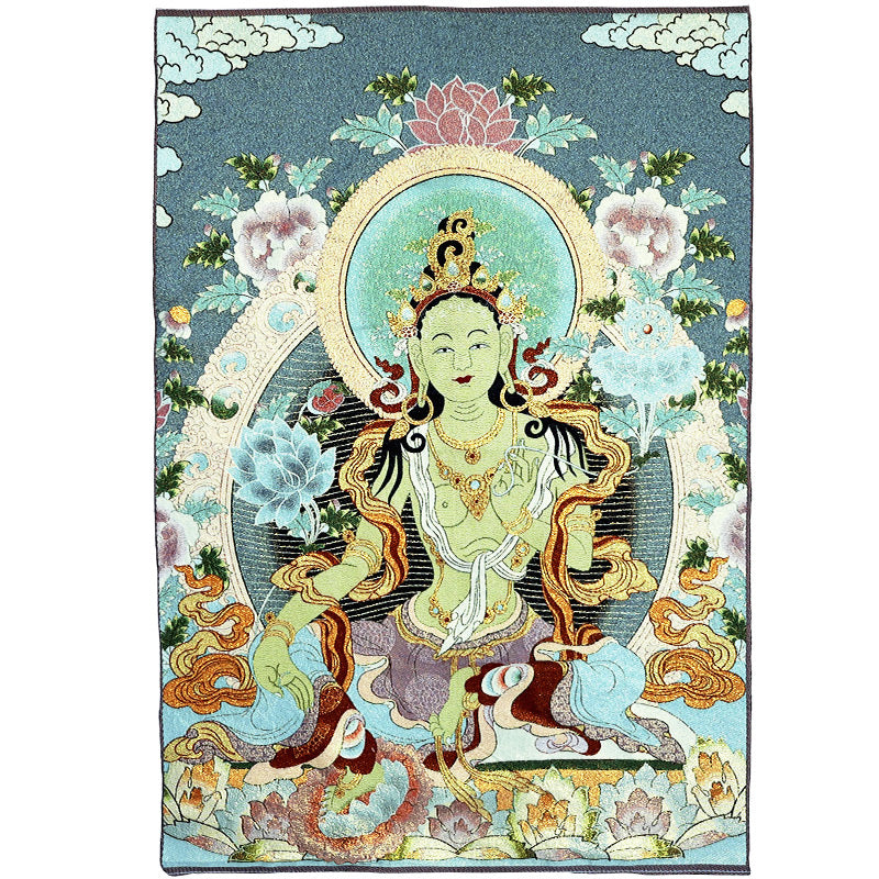 Mythstone Tibetan Silk Embroidery White Tara Thangka Tapestry Wall Hanging Wall Art Meditation for Home Decor