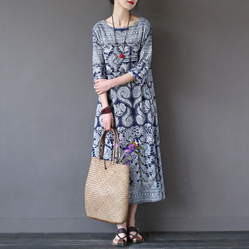 Mythstone Blue White Flower Printed Button Midi Dress Three Quarter Sleeve Cotton Linen Dress With Pockets