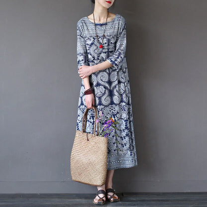 Mythstone Blue White Flower Printed Button Midi Dress Three Quarter Sleeve Cotton Linen Dress With Pockets