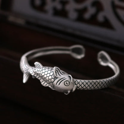 Mythstone 990 Sterling Silver Koi Fish Lotus Luck Wealth Bracelet Bangle