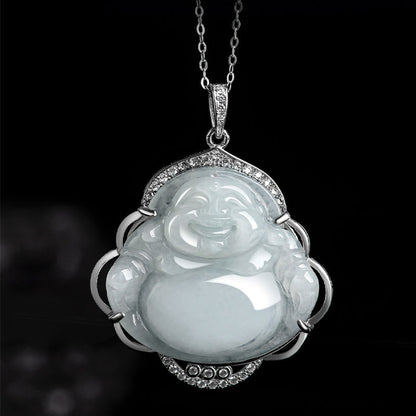 Mythstone 925 Sterling Silver Laughing Buddha Natural Jade Abundance Necklace Pendant