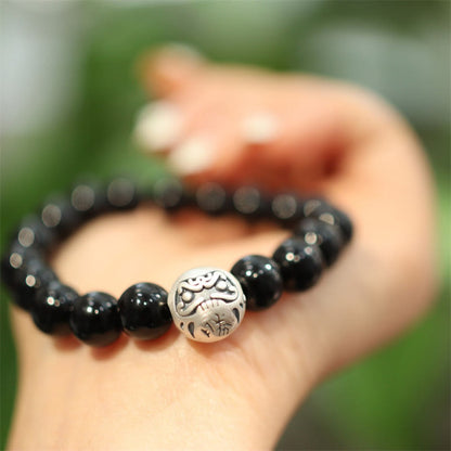 Mythstone 925 Sterling Silver Black Onyx Bead Character Engraved Protection Bracelet