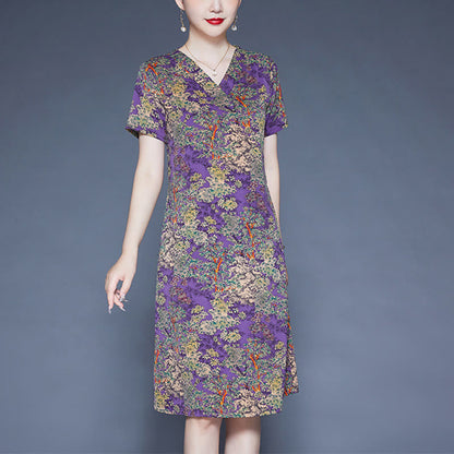 Mythstone V-Neck Tree Leaves Short Sleeve Midi Dress With Pockets