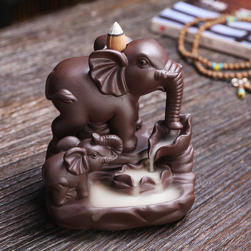 Mythstone Tibetan Elephant Purple Clay Backflow Smoke Fountain Protection Incense Burner Decoration