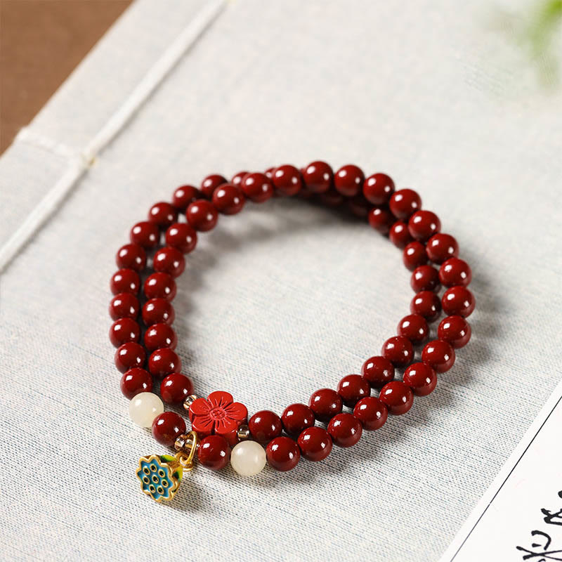 Mythstone Cinnabar Lotus Charm Double Wrap Blessing Bracelet