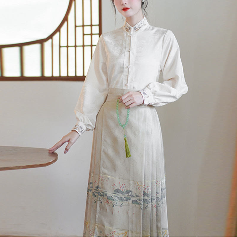 Mythstone Long Sleeve Shirt Top Chinese Hanfu Crane Lotus Printed Horse Face Skirt Mamianqun