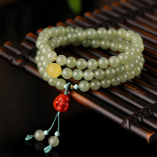 Mythstone Jade Red Agate Amber Laughing Buddha Prosperity Bracelet