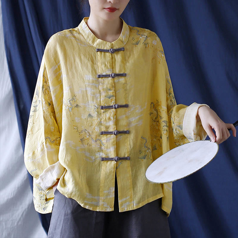 Mythstone Yellow Phoenix Print Frog-button Design Long Sleeve Ramie Linen Jacket Shirt