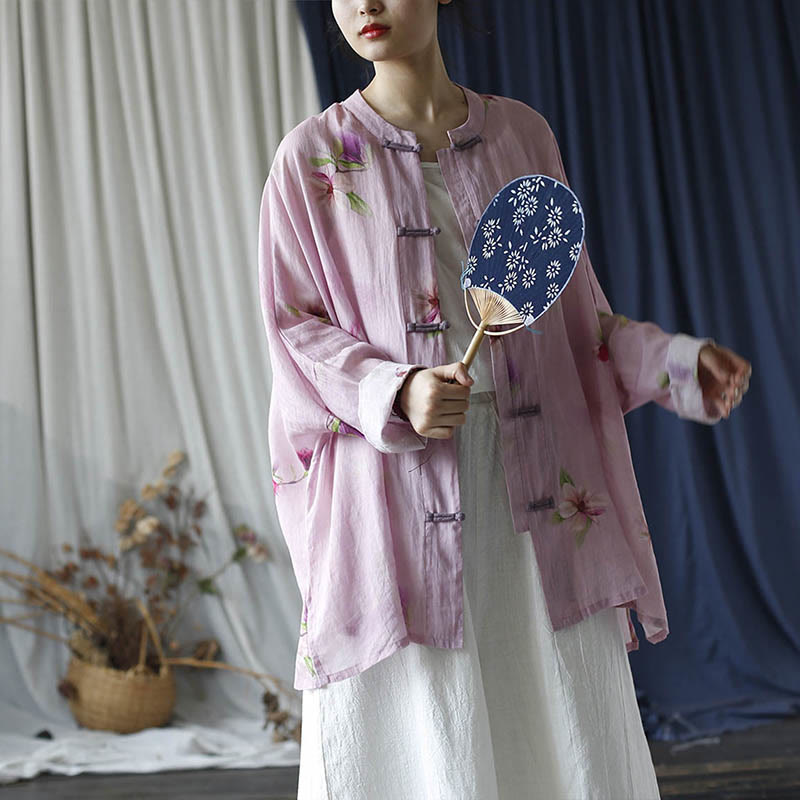 Mythstone Pink Flower Print Frog-button Design Batwing Long Sleeve Ramie Linen Jacket Shirt