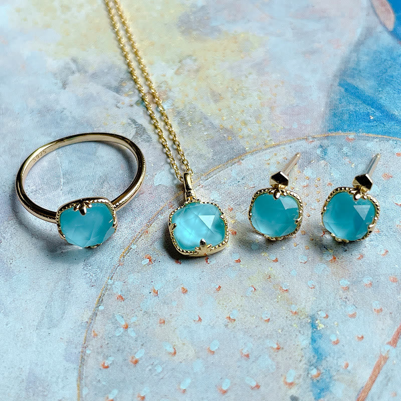 Mythstone 925 Sterling Silver Plated Gold Turquoise Protection Ring Earrings Necklace Pendant Set