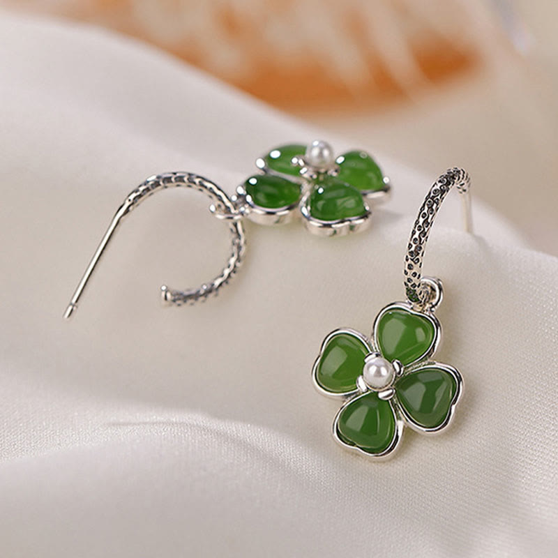 Mythstone 925 Sterling Silver Natural Cyan Jade Four Leaf Clover Luck Success Earrings