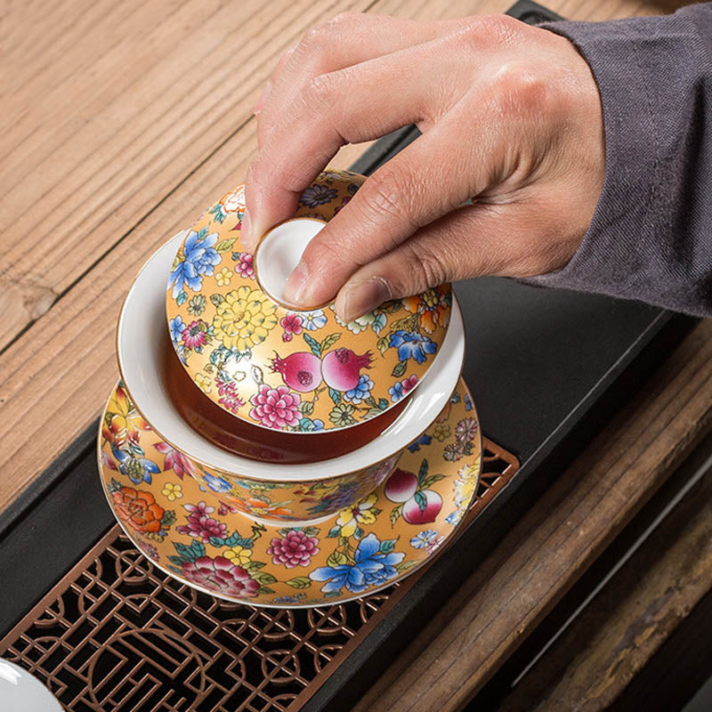 Mythstone Peony Flowers Ceramic Gaiwan Sancai Teacup Kung Fu Tea Cup And Saucer With Lid