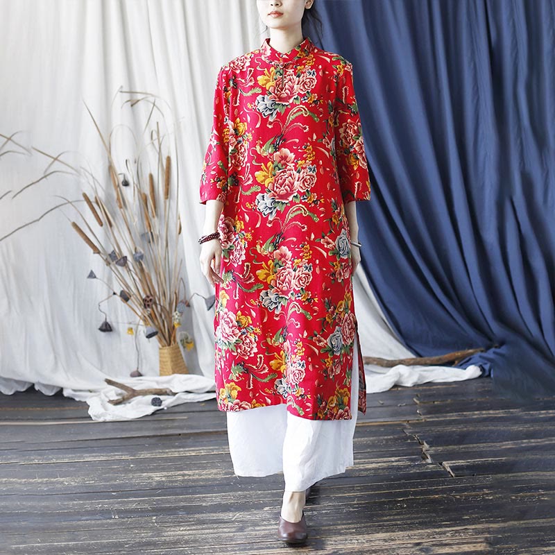 Mythstone Red Blue Peony Midi Dress Half Sleeve Cotton Linen Dress Wide Leg Pants With Pockets