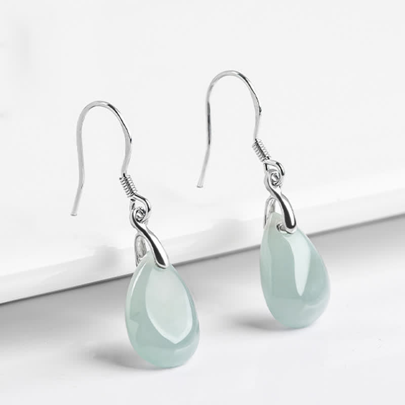 Mythstone 925 Sterling Silver Jade Water Drop Pattern Luck Prosperity Dangle Earrings