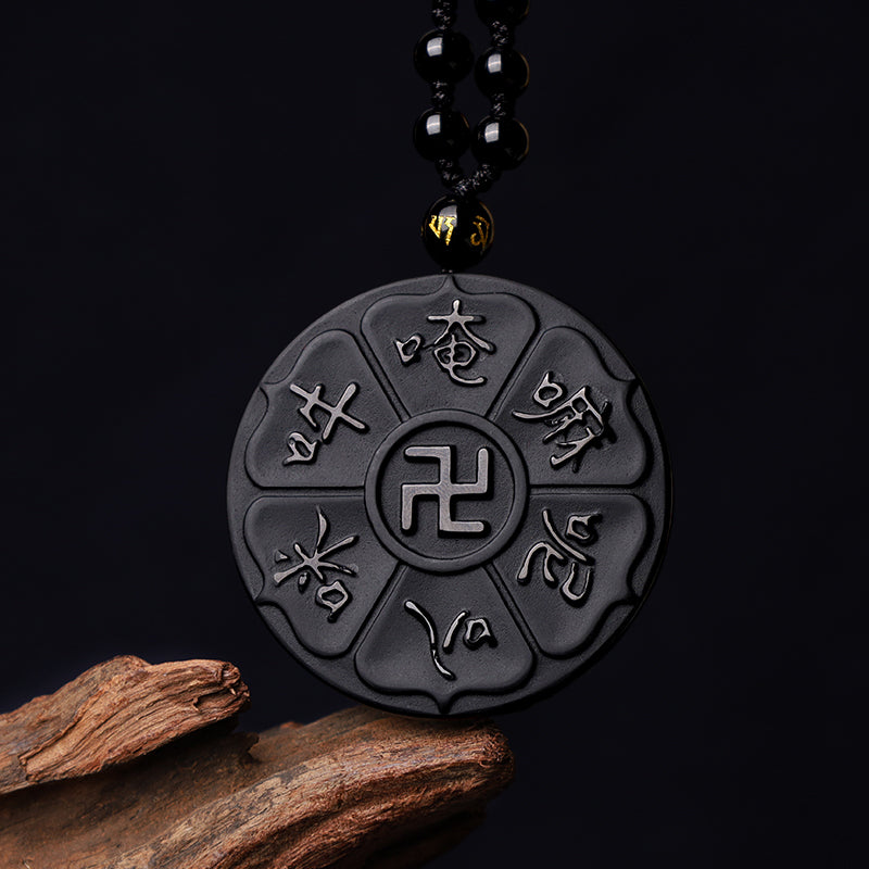 Mythstone Natural Black Obsidian Tibetan Om Mani Padme Hum Buddha Swastika Luck Necklace Pendant