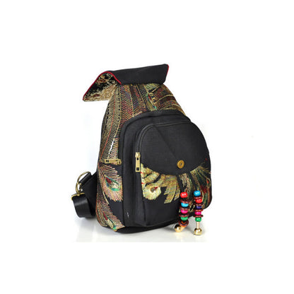 Mythstone Peacock Embroidery Canvas Tassel Backpack