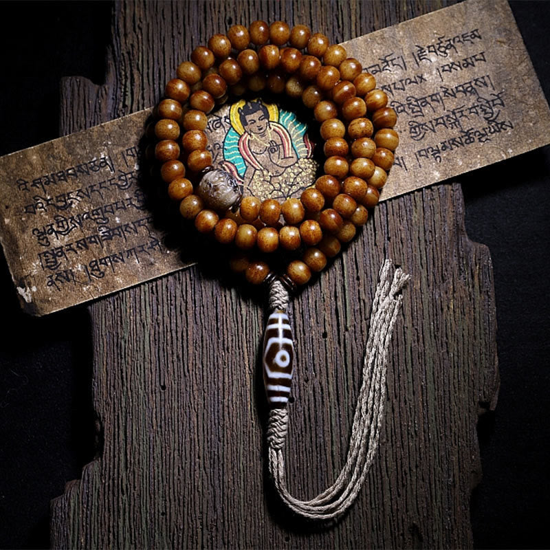 Mythstone Tibet 108 Mala Beads Yak Bone Three-eyed Dzi Bead Keep Away Evil Spirits Bracelet