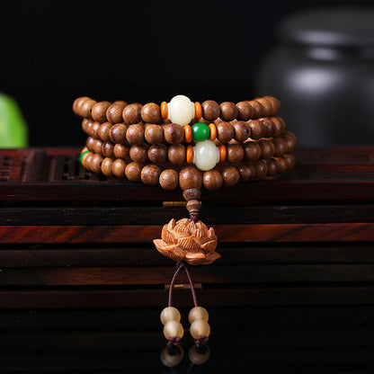 Mythstone 108 Mala Beads Peach Wood Bodhi Seed Lotus Prayer Meditation Bracelet