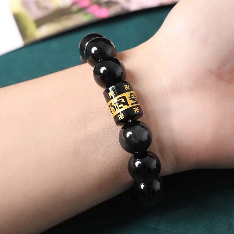 Mythstone Rainbow Obsidian Om Mani Padme Hum Swastika Positive Bracelet