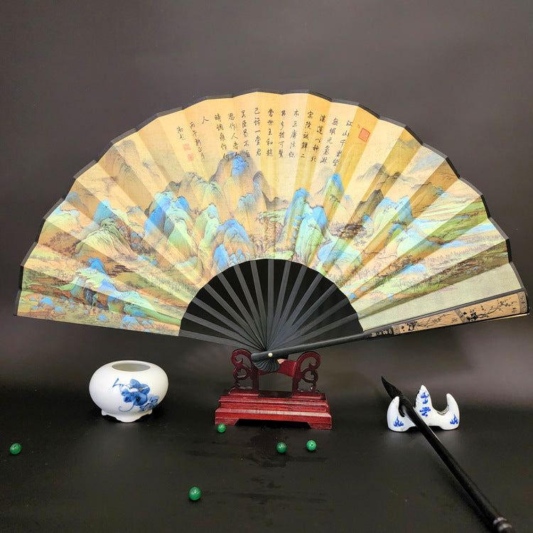 Mythstone Great Wall Mountains Trees Crane Bamboo Handheld Silk Bamboo Folding Fan 33.5cm