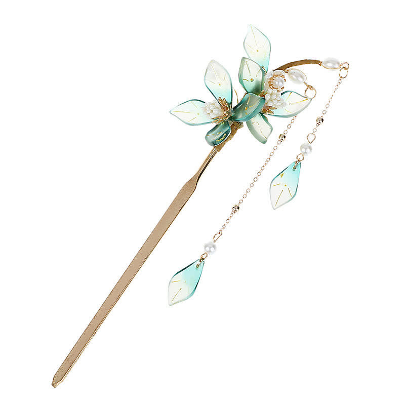 Mythstone Flower Leaf Pearl Peace Tassel Hairpin