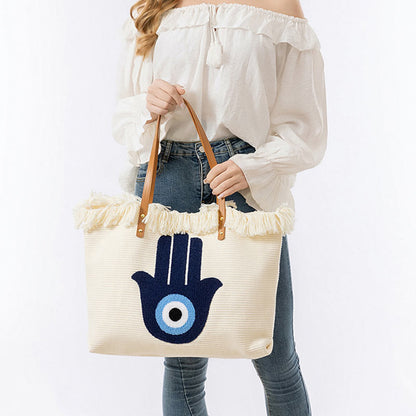 Mythstone Large Capacity Evil Eye Leaf Hamsa Tassel Canvas Tote Shoulder Bag