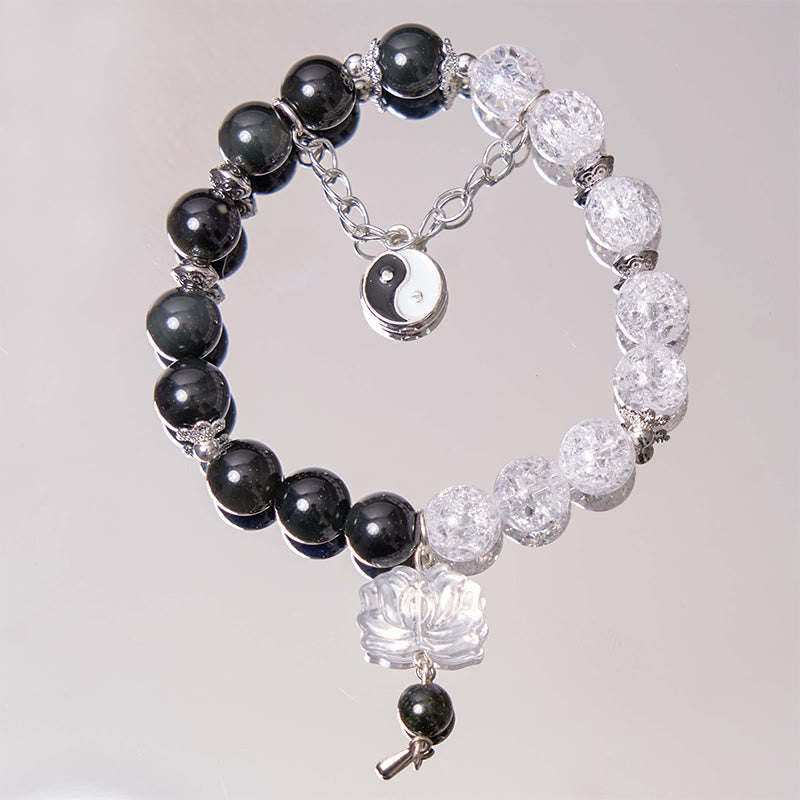 Mythstone Silver Sheen Obsidian Crackle Clear Quartz Black Rutilated Quartz Yin Yang Lotus Protection Bracelet