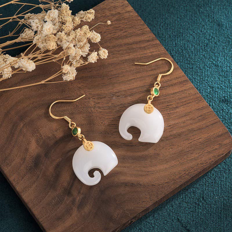 Mythstone FengShui Elephant White Jade Fortune Earrings