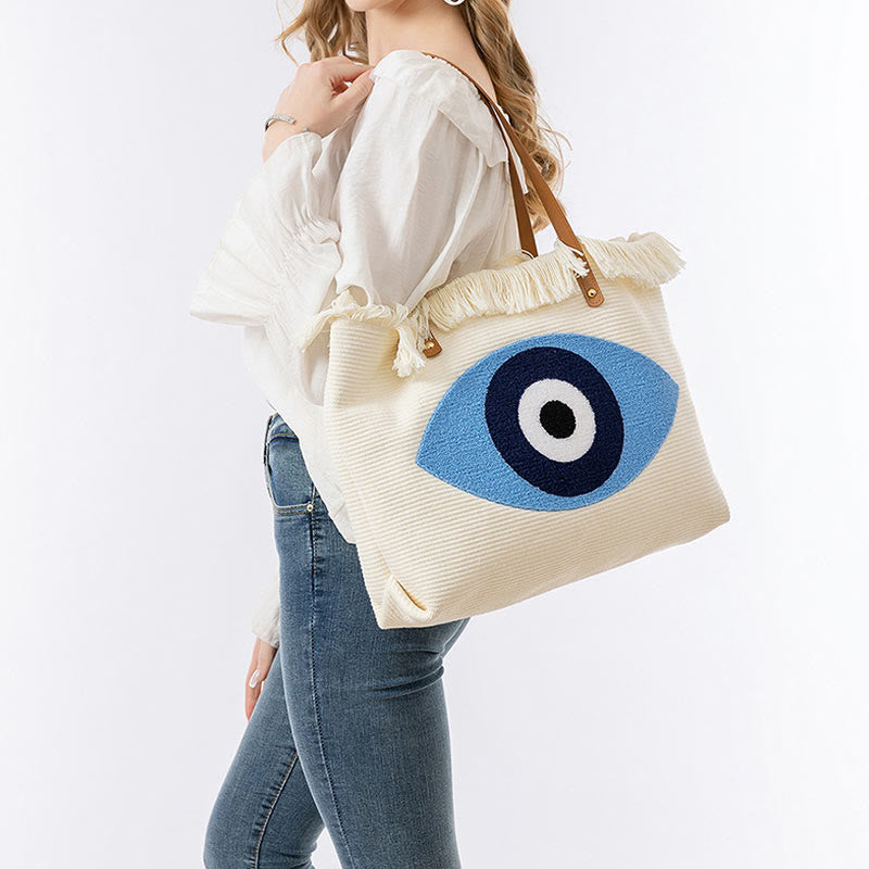 Mythstone Large Capacity Evil Eye Leaf Hamsa Tassel Canvas Tote Shoulder Bag