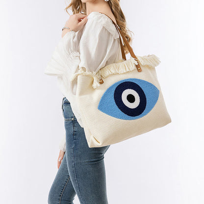 Mythstone Large Capacity Evil Eye Leaf Hamsa Tassel Canvas Tote Shoulder Bag