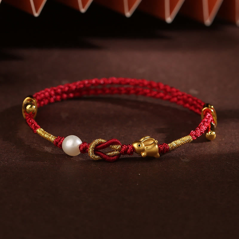 Mythstone 24K Gold Wish Ruyi Handle Fu Character Rabbit Pearl Luck Braided Bracelet