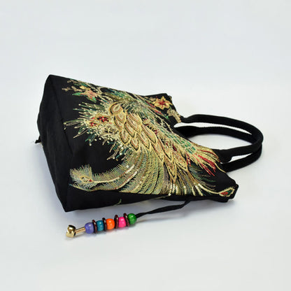 Mythstone Peacock Double-sided Embroidery Tote Bag Shoulder Bag Crossbody Bag