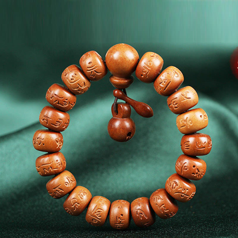 Mythstone Natural Tibetan Peach Wood Om Mani Padme Hum Engraved Ward Off Evil Spirits Bracelet