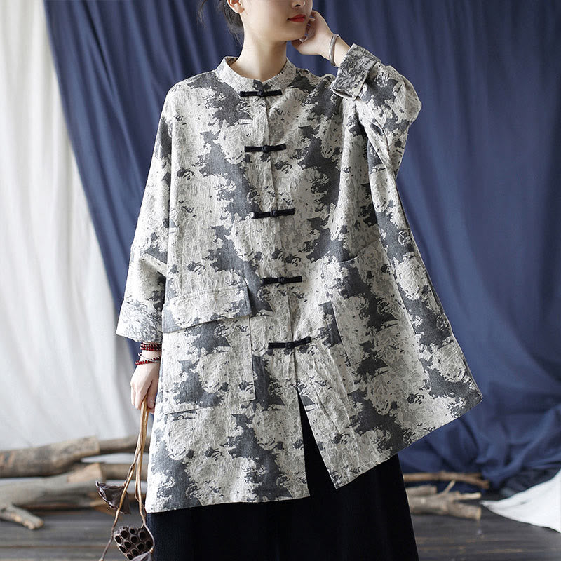 Mythstone Black Gray Beige Print Frog-button Design Long Sleeve Cotton Linen Jacket Shirt With Pockets