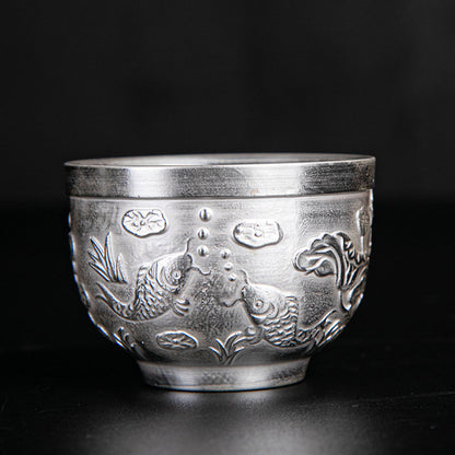 Mythstone Fu Character Dragon Phoenix Horse Koi Fish Silver Gilding Ceramic Teacup Kung Fu Tea Cup