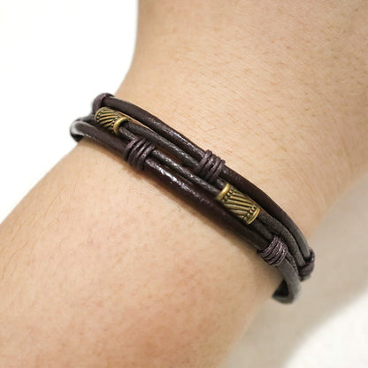 Mythstone Vintage Leather Wrist Band Brown Rope Layered Bracelet Bangle