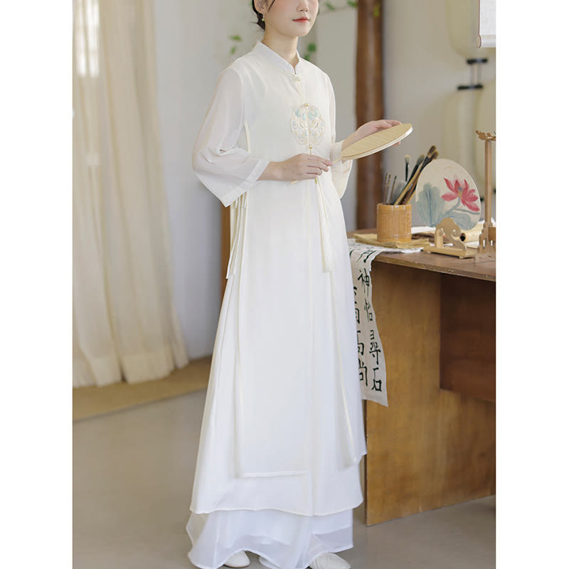 Mythstone Embroidery Chiffon Cheongsam Midi Dress Wide Leg Pants Meditation Zen Practice Clothing