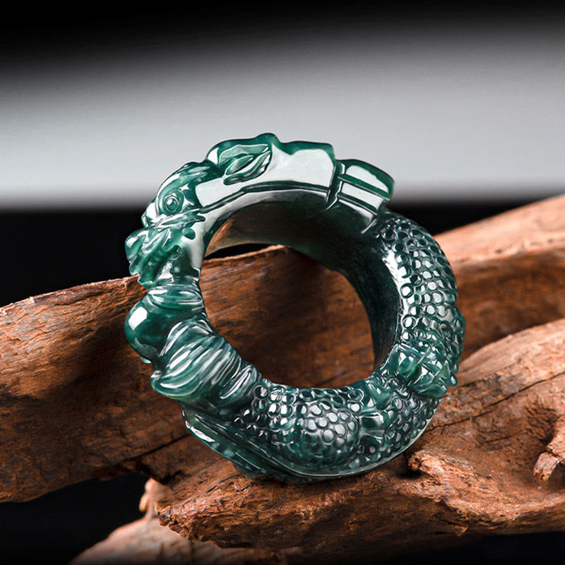 Mythstone Natural Cyan Jade Dragon Carved Success Ring