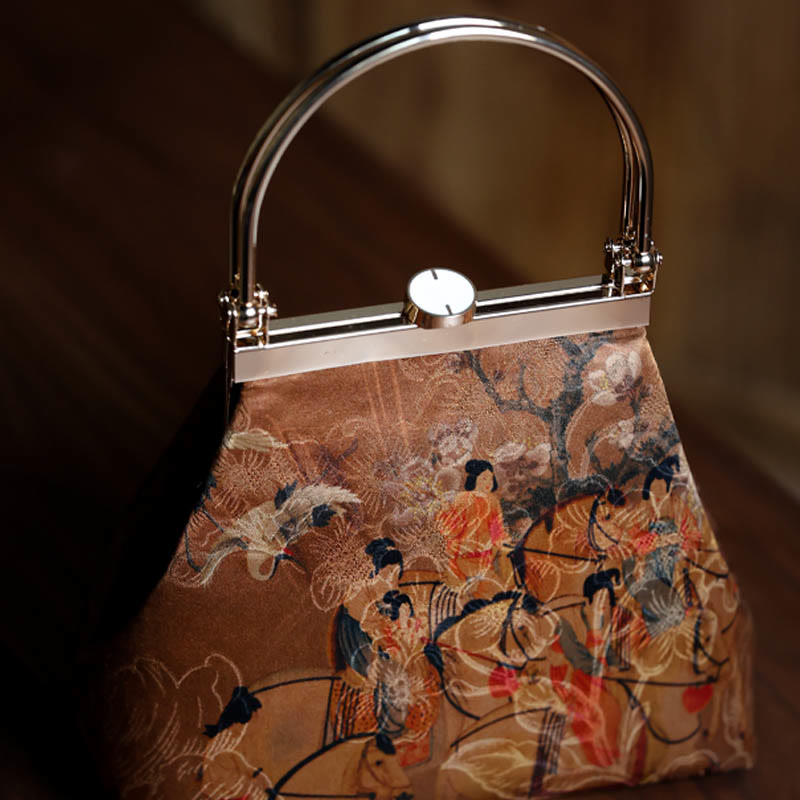 Mythstone Painting of Lady of Guoguo on a Spring Outing Metal Handle Handbag