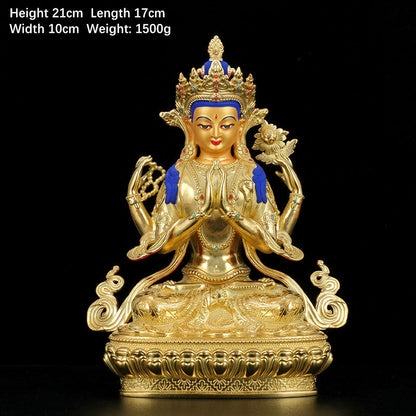 Mythstone Chenrezig Four-armed Avalokitesvara Protection Copper Gold Plated Statue Decoration