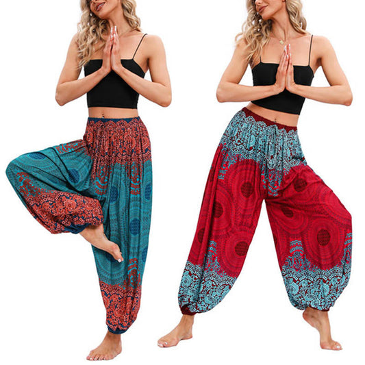 Mythstone Loose Circle-shaped Flowers Pattern Harem Trousers Women's Yoga Pants