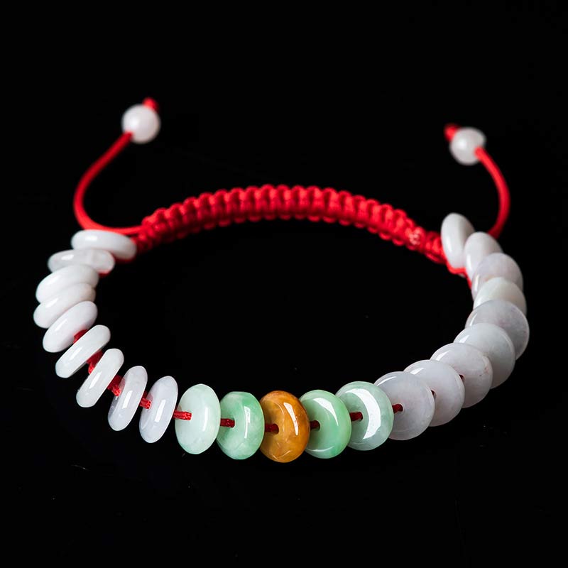 Pulsera tejida con hilo rojo de la suerte y jade redondo Mythstone