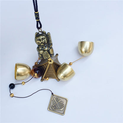 Mythstone Auspicious Wealth Cat Wall Hanging Chime Bell Copper Luck Handmade Home Decoration