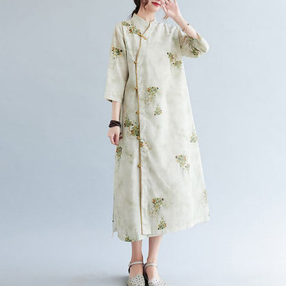 Mythstone Flowers Green Yellow Leaves Print Cheongsam Midi Dress Three Quarter Sleeve Dress With Pockets